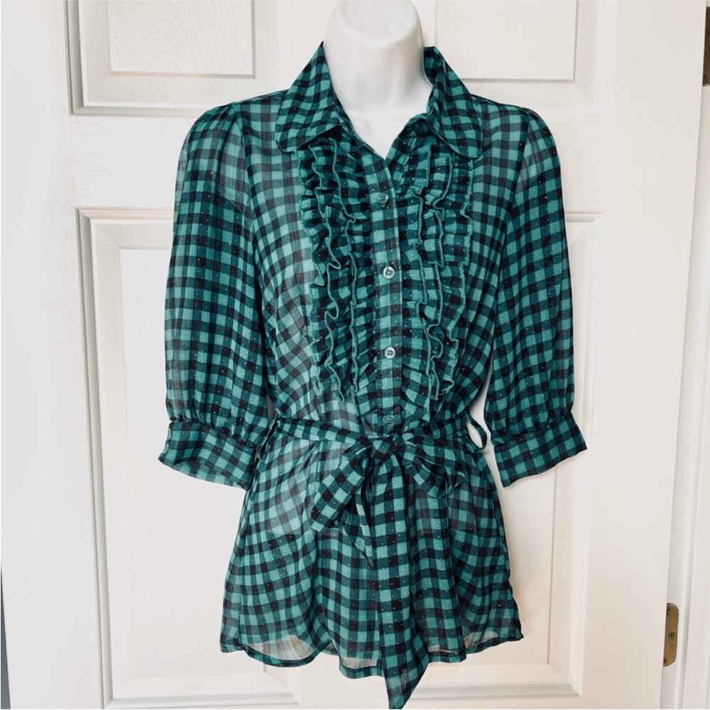 Antilia Femme Green and Black Metallic Plaid Tuxedo Blouse With Sash Size Small